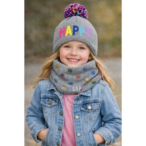 GAP Kids Happy Beanie Pom Hat & Neck Warmer Scarf Set Gray Rainbow Small/Medium